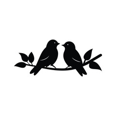 Black Silhouette two birds on a branch, valentine day vector.
