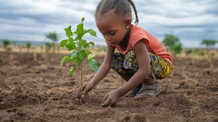 A young girl planting a tree in a barren land, symbolizing hope and reforestation efforts