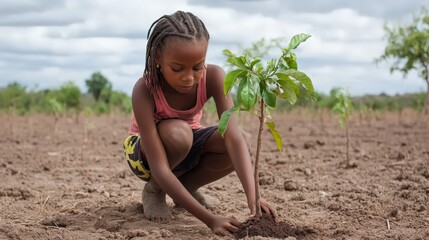 A young girl planting a tree in a barren land, symbolizing hope and reforestation efforts