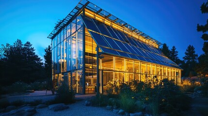 Illuminated glass structure, solar panels, nighttime garden.