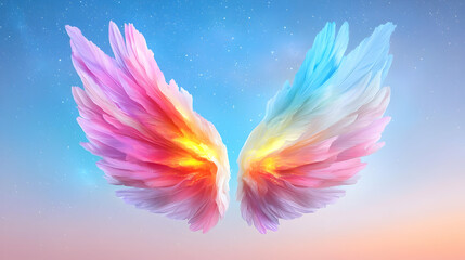 Colorful wings against pastel sky, freedom concept, design element