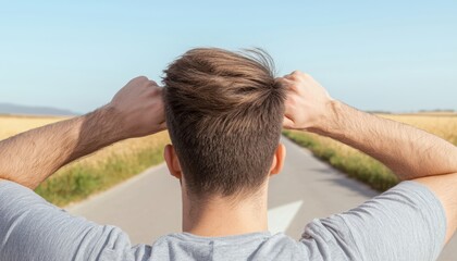 Man facing two diverging roads at a quiet intersection symbolic imagery representing choices opportunities and the journey ahead
