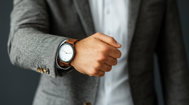 man in stylish suit checks his watch, showcasing modern timepiece with brown leather strap. image conveys professionalism and attention to detail
