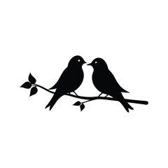 Black Silhouette two birds on a branch, valentine day vector.