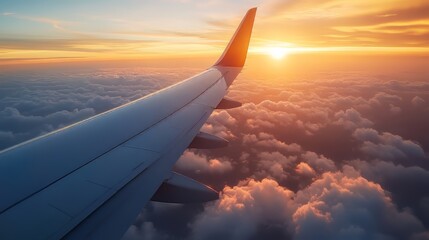 A breathtaking sunset viewed from an airplane wing above the clouds.