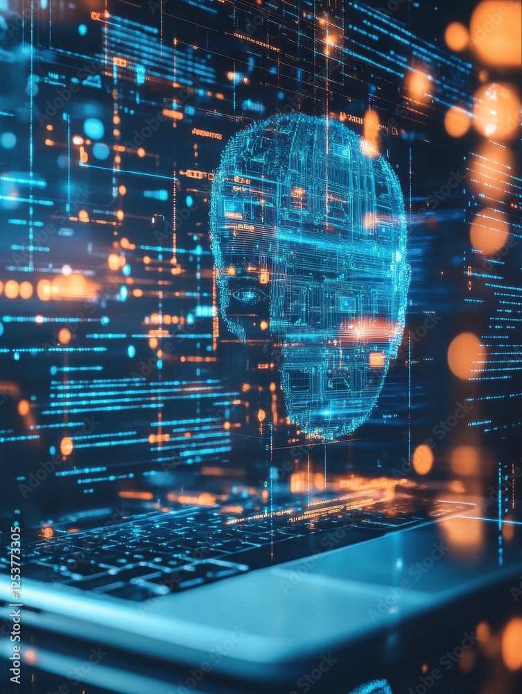 Poster close up of desktop with notebook and abstract glowing ai interface on dark background. artificial i