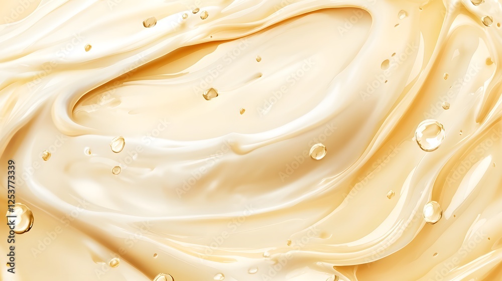 Poster Captivating abstract background of luxurious creamy swirls and fluid motions with shimmering golden bubbles and a glossy silky texture  Elegant and opulent design with a sense of movement and depth