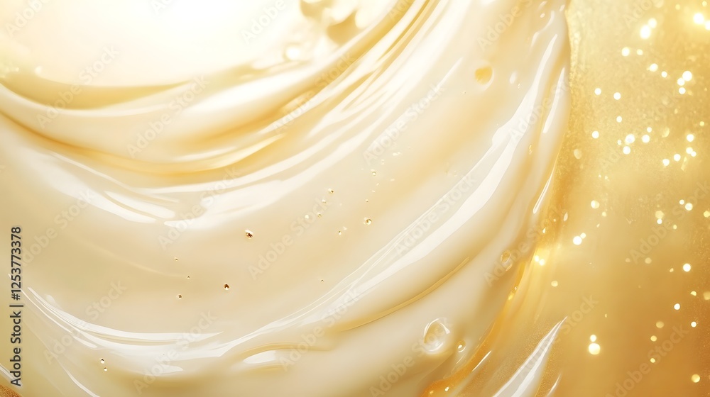Poster Captivating abstract image showcasing a shimmering golden fluid in dynamic motion emanating a radiant luminous glow and ethereal iridescent shimmer that creates a mesmerizing kaleidoscopic