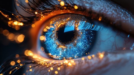 A close-up of a blue eye with sparkling effects and intricate details.