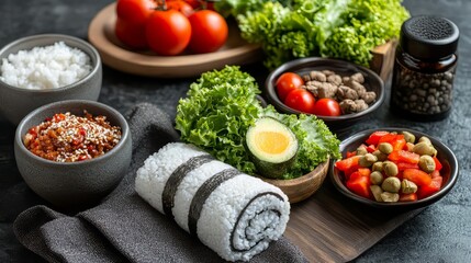 A vibrant display of fresh ingredients for a healthy meal, showcasing various textures.