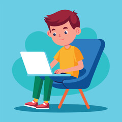 a boy is using his laptop vector