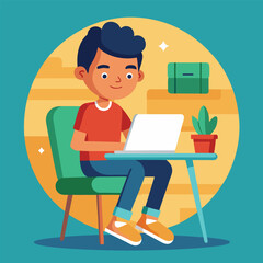 a boy is using his laptop vector