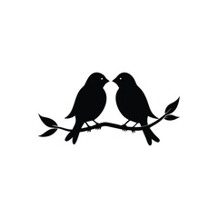 Black Silhouette two birds on a branch, valentine day vector.