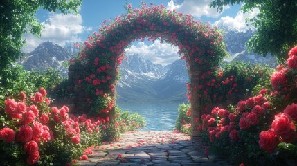 A whimsical scene featuring a grand, white archway adorned with intricate designs,