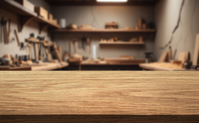 Beautiful natural wood tabletop and workshop or garage background with tools
