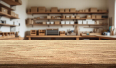 Beautiful natural wood tabletop and workshop or garage background with tools
