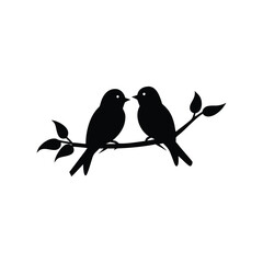 Black Silhouette two birds on a branch, valentine day vector.