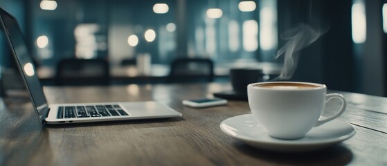 Office coffee break; laptop, phone, steam