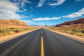Long stretch of road meandering through a stunning desert landscape. Generative AI