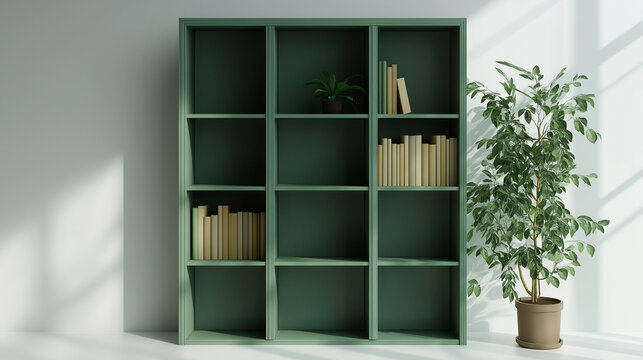 green bookshelf with multiple compartments  , bookcase , plants in pot
