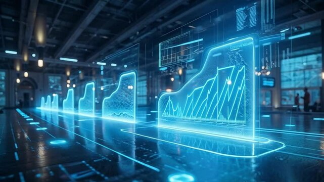 Futuristic digital transformation with glowing holograms showcasing economic growth, smart business decisions, and AI-powered corporate advancements.
