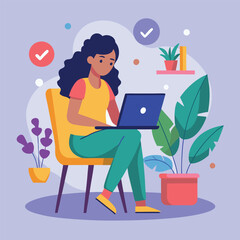 a girl is using his laptop vector