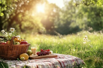 Elegant picnic setup in a sunlit meadow filled with fresh fruits and blooms. Generative AI