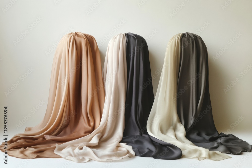 Fototapete flowing silk fabrics drape elegantly against a neutral background under soft lighting for artistic d