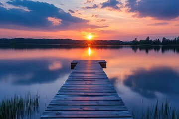 Fototapeta premium Majestic colors reflect on water as sunset embraces the tranquil lake. Generative AI