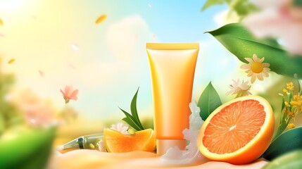 Fototapeta premium Closeup of an orange vitamin C infused skincare cream or lotion product in a vibrant summer setting with green leaves flowers and bright natural light The image showcases the product s natural