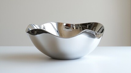 Shiny metal bowl on white surface, simple backdrop, ideal for food or product photography