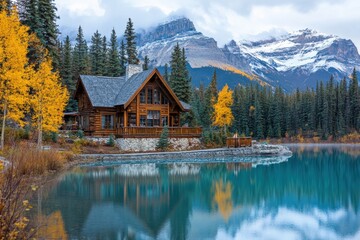Fototapeta premium Rustic wooden cabin by a serene mountain lake surrounded by majestic peaks. Generative AI