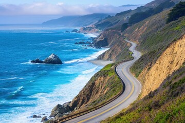 Spectacular coastal drive with cliffs and endless ocean views. Generative AI