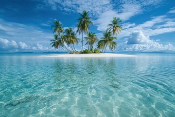 Serene tropical paradise with clear water and swaying palm trees in the breeze. Generative AI