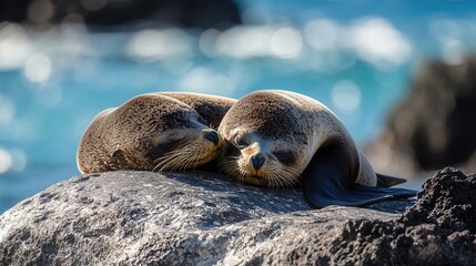 Naklejka premium Two seals rest side by side on a rocky surface, basking in the sun, showcasing their smooth fur and tranquil demeanor in a natural setting.
