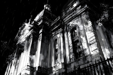 Obraz premium Dramatic Black and White Gothic Architecture: Haunting Historic Buildings in Stormy Night Reflections, Eerie Shadows, and Moody Urban Atmosphere with Surreal Texture and Decay