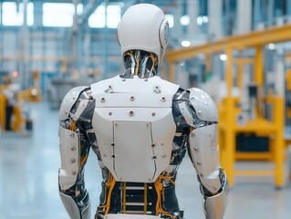 Fototapeta premium Stainless steel exoskeleton suit assisting factory worker, ergonomic innovation
