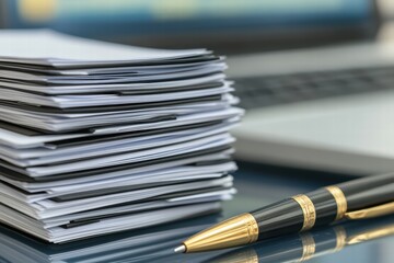 Organized Stacks of Paperwork with a Gold Pen on a Desk Surface