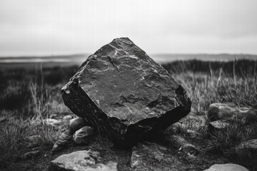Obraz premium Large Dark Rock on Grass with Landscape in Black and White