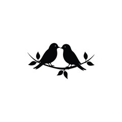 Black Silhouette two birds on a branch, valentine day vector.