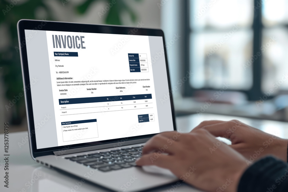 Poster invoice on computer screen from accounting application. computer program for financial and budget of