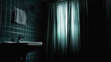 Dark Bathroom with Sink and Curtains
