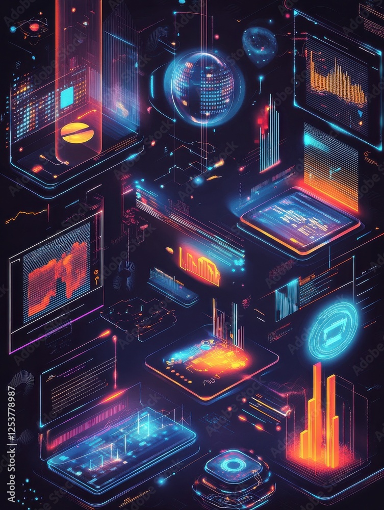 Poster big data abstract concept vector illustration set. analytics and data science, financial data manage