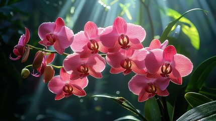 Plakat Pink orchids bloom, sunlight streams through foliage, botanical garden setting; ideal for spa, wellness