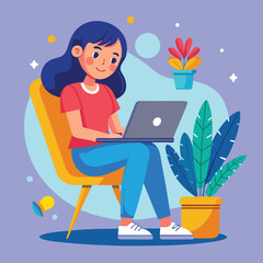 a girl is using his laptop vector