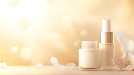 Elegant arrangement of luxury beauty products including moisturizing cream facial serum and body lotion on a soft glowing background
