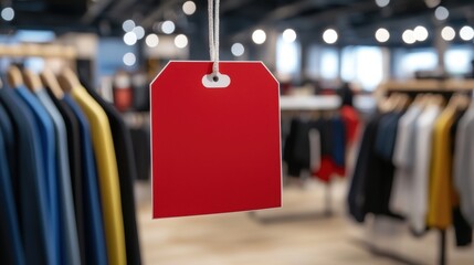Red sale tag in a modern clothing store focused foreground against soft blurred lights perfect representation of discounts and stylish retail marketing