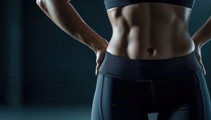 Sculpted female abs and toned body in a dark gym setting intense and empowering visual for fitness health and strength-focused campaigns