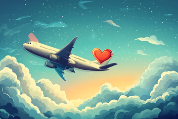 Naklejka premium Airplane flying through a colorful sky with clouds at sunset, symbolizing love and travel