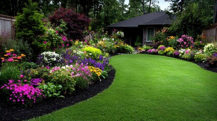 Fototapeta premium Colorful garden with house in background. Use for home and garden design